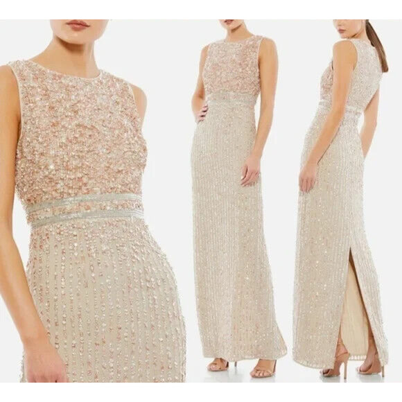 NWT Mac Duggal SEQUINED HIGH NECK SLEEVELESS COLUMN GOWN Sz 0 NUDE PINK 93606 - Picture 1 of 7